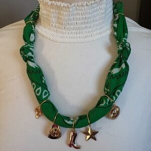 Green Bandana Necklace with Gold Charms